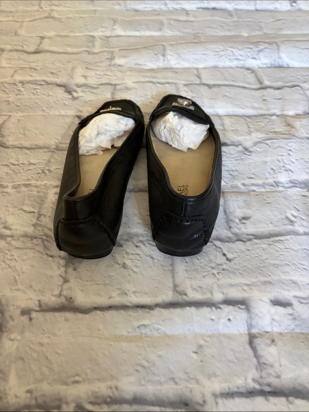 Michael Kors Black Leather Loafers with Silver MK Medallion - Picture 2 of 6